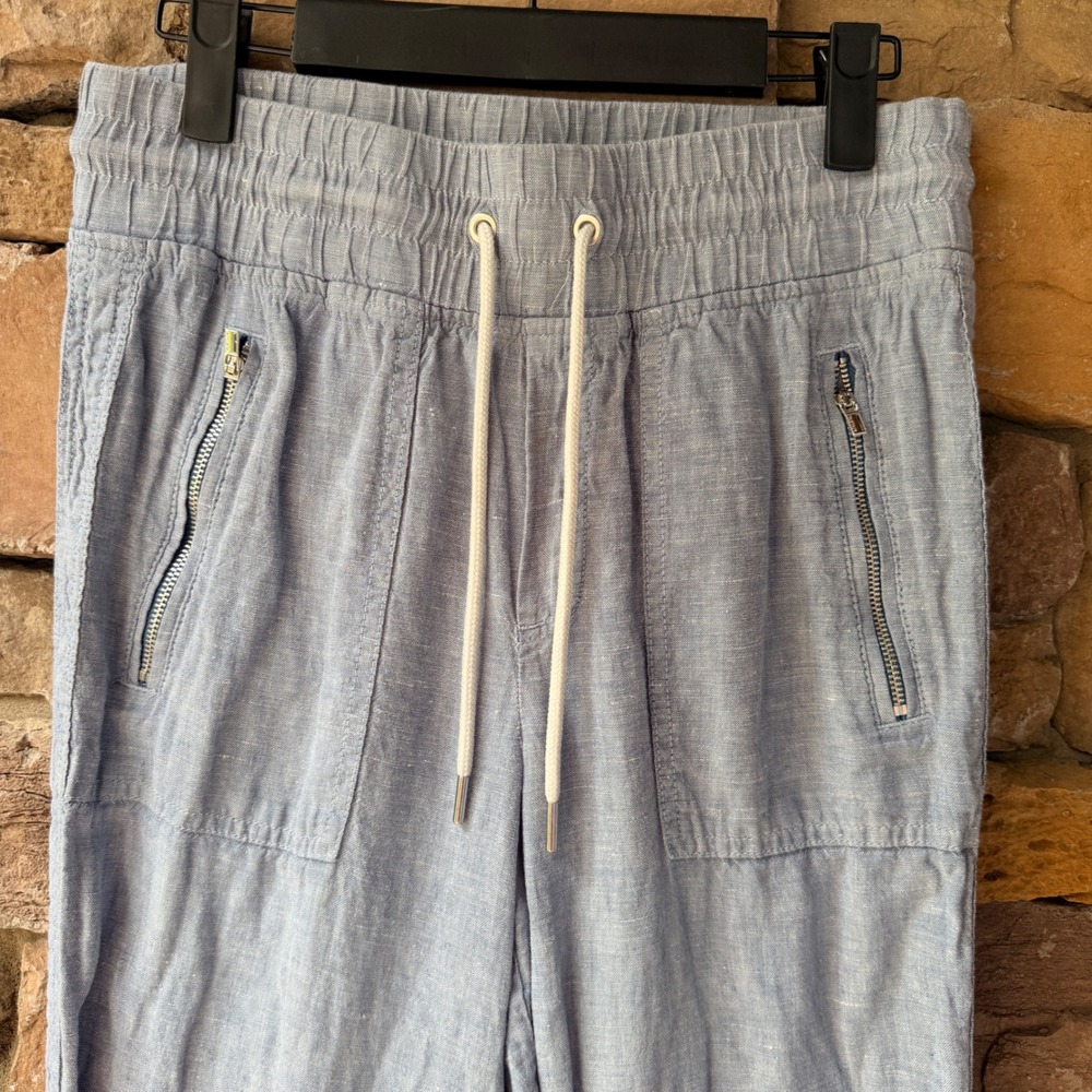 Athleta Women 2 Cabo Linen Jogger Blue Smocked Waist Zipper Pockets Athleisure - Picture 4 of 12